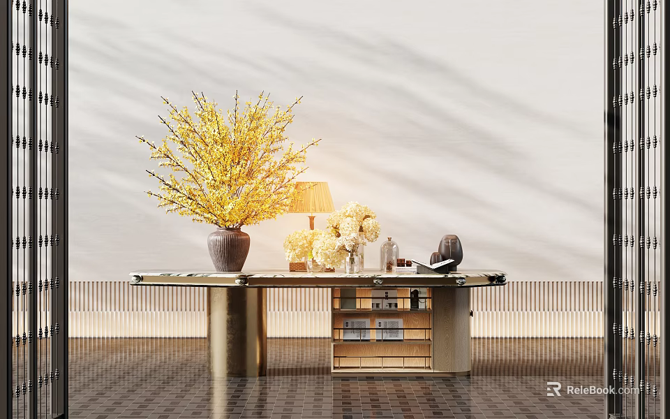 Elegant Console Table With Yellow Floral Arrangement White Flowers Table Lamp Books And Metal Frame 3d model 