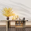 Elegant Console Table With Yellow Floral Arrangement White Flowers Table Lamp Books And Metal Frame