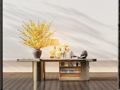 Elegant Console Table With Yellow Floral Arrangement White Flowers Table Lamp Books And Metal Frame 3d model