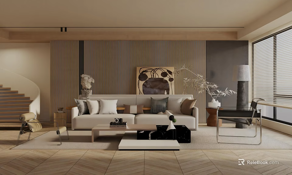 Modern Living Room Interior Design With Sofa Decorative Art And Striped Wall 3d model 