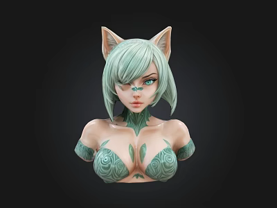 Anime Style Female Character With Cat Ears Light Green Hair And Green Patterns 3d model