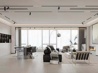 Modern Living and Dining Room Interior With Open Layout Sofa Coffee Table and Large Windows 3d model