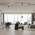 Modern Living and Dining Room Interior With Open Layout Sofa Coffee Table and Large Windows