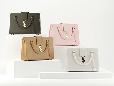Stylish Handbags with YSL Logo in Black Pink Brown Grey on White Pedestals 3d model