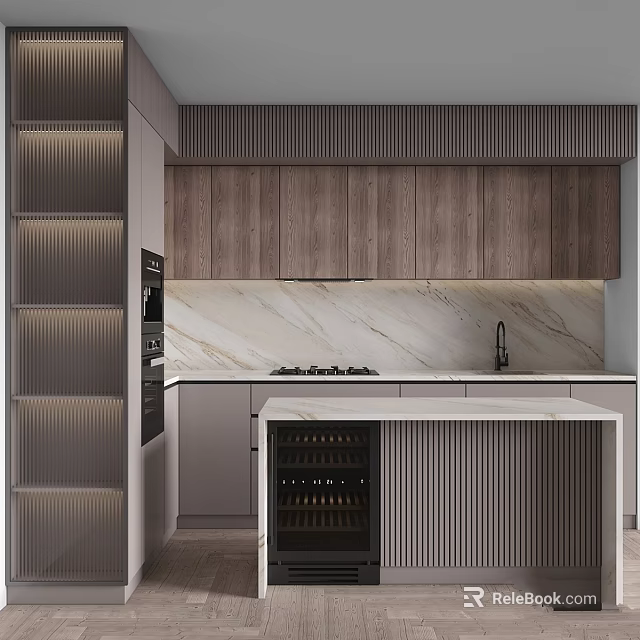 Modern Kitchen Interior Featuring Ribbed Wooden Cabinets Marble Countertop And Wine Storage 3d model 