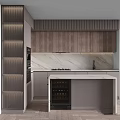 Modern Kitchen Interior Featuring Ribbed Wooden Cabinets Marble Countertop And Wine Storage