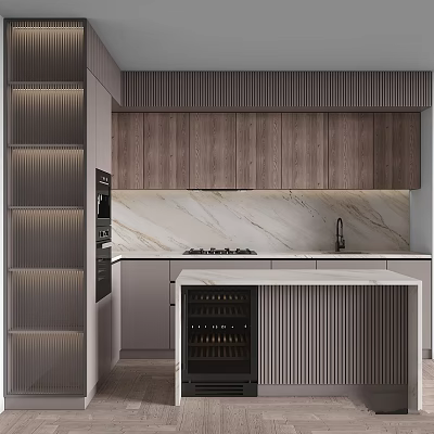 Modern Kitchen Interior Featuring Ribbed Wooden Cabinets Marble Countertop And Wine Storage 3d model