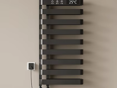 Modern Black Electric Towel Rail With Digital Display Temperature 25℃ Mounted On Light Wall 3d model
