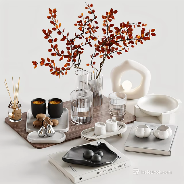 Elegant Modern Minimalist Decorative Ornament Set With Ceramic Glass Vase Plant Candle Tray 3d model 