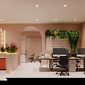 Modern Office Meeting Room Featuring Long Conference Table Wooden Decor Pink Walls And Projector Screen