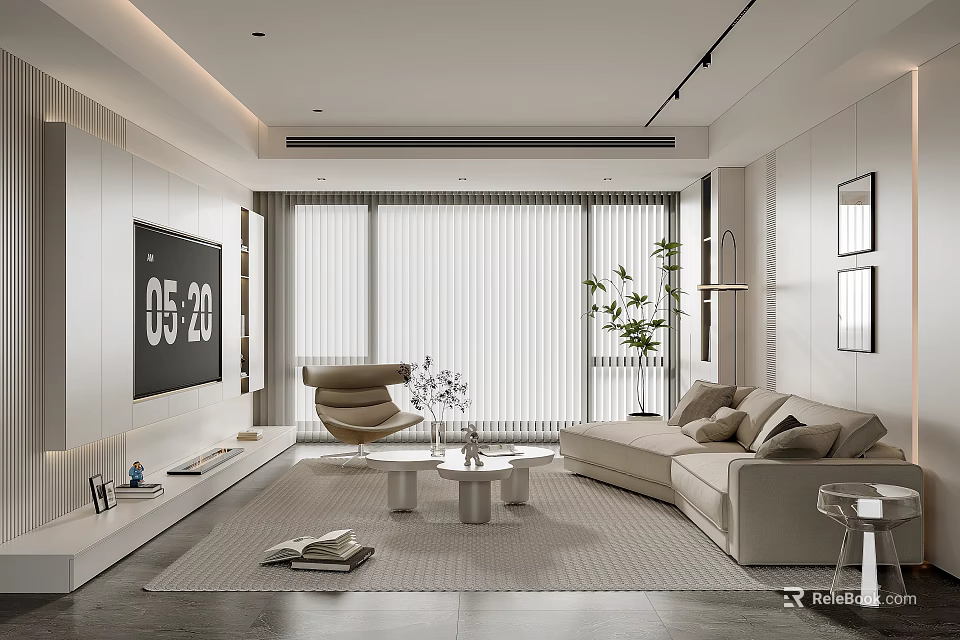 Modern Living Room Interior With L-shaped Beige Sofa Coffee Table Wall-mounted TV And Potted Plant 3d model 