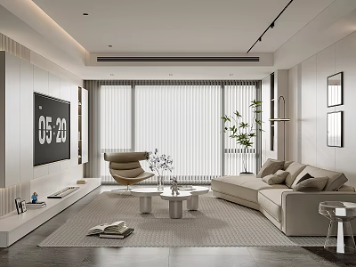 Modern Living Room Interior With L-shaped Beige Sofa Coffee Table Wall-mounted TV And Potted Plant 3d model