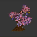 Cartoon Style Tree With Brown Trunk Purple Pink Flowers And Colorful Decorations