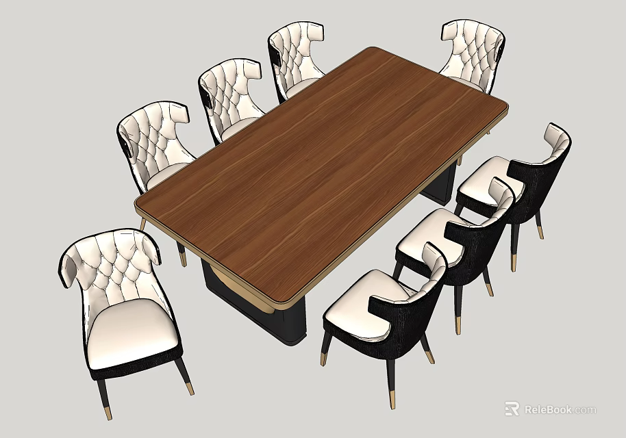 Wooden Rectangular Dining Table Set With Tufted White Black Upholstered Chairs And Gold Legs 3d model