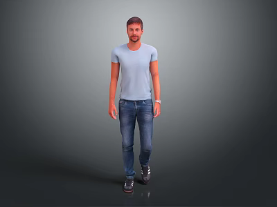 Man Walking In Casual Outfit With Light Blue T Shirt And Jeans 3d model