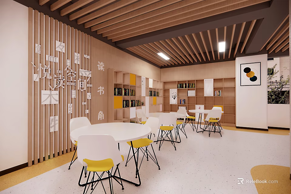 Cozy Reading Corner With Wooden Ceiling White Tables Yellow Chairs And Bookshelves 3d model 