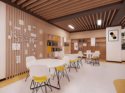 Cozy Reading Corner With Wooden Ceiling White Tables Yellow Chairs And Bookshelves 3d model
