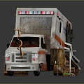 Old Damaged White Ambulance With Orange Stripes And Tools Nearby