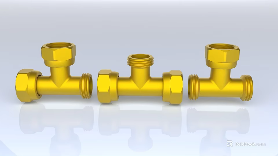Three Different Types Of Golden Pipe Fittings With Threaded Ends And Hexagonal Nuts Details 3d model 