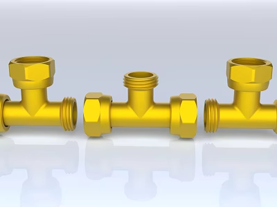 Three Different Types Of Golden Pipe Fittings With Threaded Ends And Hexagonal Nuts Details 3d model