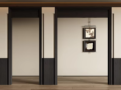 Traditional Wooden Framed Interior With Hanging Decor And Light Colored Walls 3d model