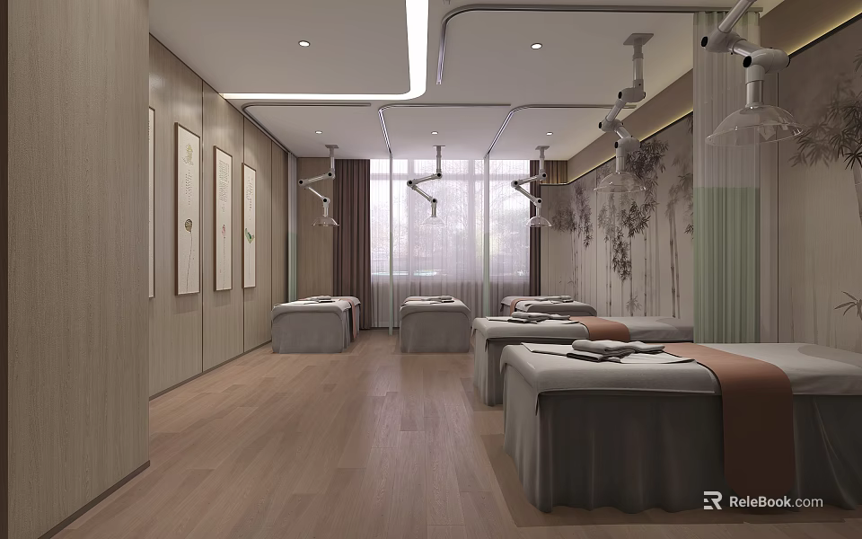 Modern SPA Sauna Interior Design with Massage Beds Wooden Walls Flooring and Decorative Paintings 3d model 