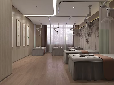 Modern SPA Sauna Interior Design with Massage Beds Wooden Walls Flooring and Decorative Paintings 3d model