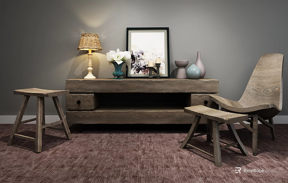 Wooden Console Table with Decorative Lamp Vases Framed Art and Wooden Chairs on Rug 3d model 