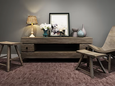 Wooden Console Table with Decorative Lamp Vases Framed Art and Wooden Chairs on Rug 3d model