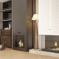 Modern Fireplace Design With Black Wall White Shutters Wood Pile Brown Chair And Floor Lamp