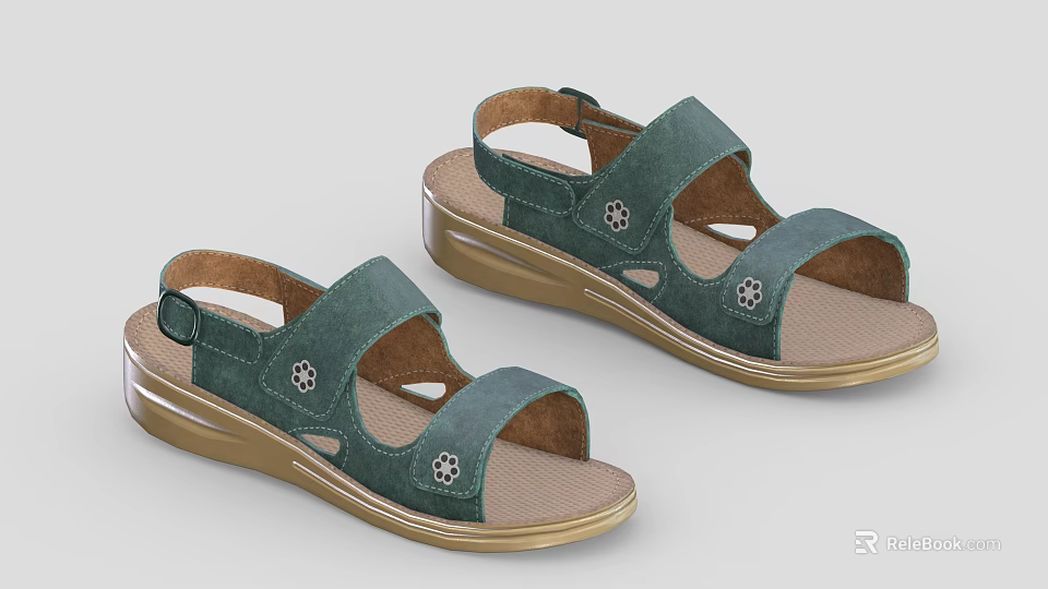 Comfortable Adjustable Women's Green Sandals With Golden Thick Sole And Floral Decorations 3d model 