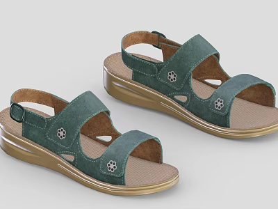Comfortable Adjustable Women's Green Sandals With Golden Thick Sole And Floral Decorations 3d model