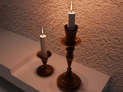 Decorative Ornament Set With Lit Candles On Wooden Candlesticks Of Different Heights And Textured Wall 3d model