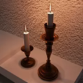 Decorative Ornament Set With Lit Candles On Wooden Candlesticks Of Different Heights And Textured Wall