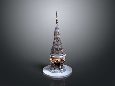 Intricate Carved Sculpture Tower Like Structure With Elephants At Base And Marble Pedestal 3d model