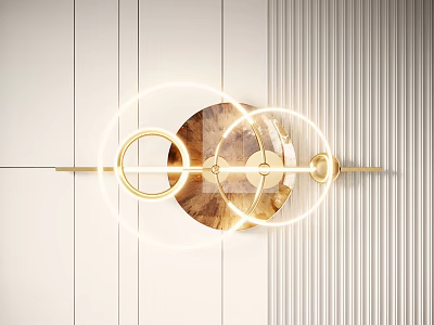 Stylish Modern Wall Decor With Golden Circular Rings Wooden Panel And LED Light Strips 3d model