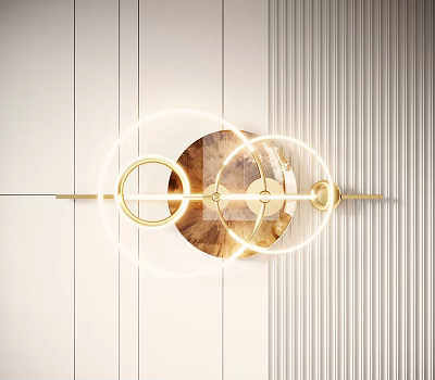 Stylish Modern Wall Decor With Golden Circular Rings Wooden Panel And LED Light Strips 3d model