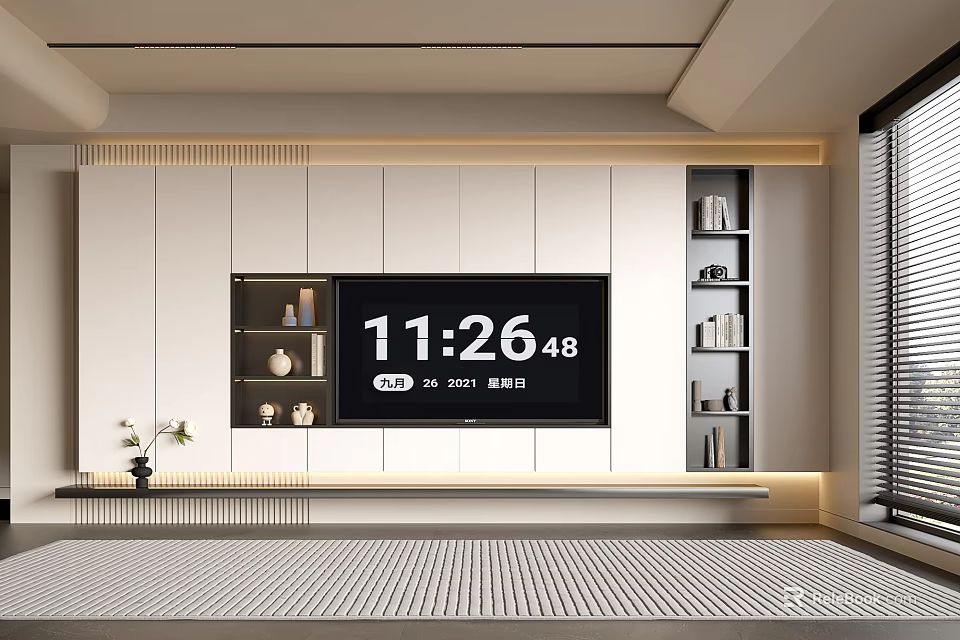 Modern TV Stand Design With Built-in TV White Storage Shelves And Decorative Items 3d model 
