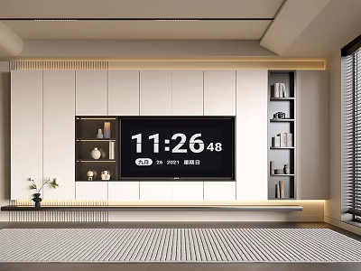 Modern TV Stand Design With Built-in TV White Storage Shelves And Decorative Items 3d model