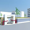White Entrance Gate With Yellow Accents Red Details And Glass Windows On Tiled Floor