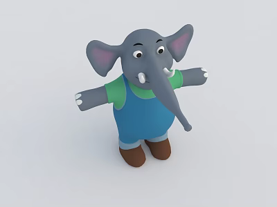 Animated Elephant Character In Green Shirt Blue Overalls And Brown Shoes 3d model