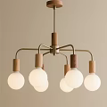 Modern Brass And Wooden Chandelier With Multiple Arms And White Globe Bulbs