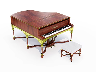 Elegant Classical Wooden Piano With Golden Decorative Legs And White Cushioned Stool 3d model