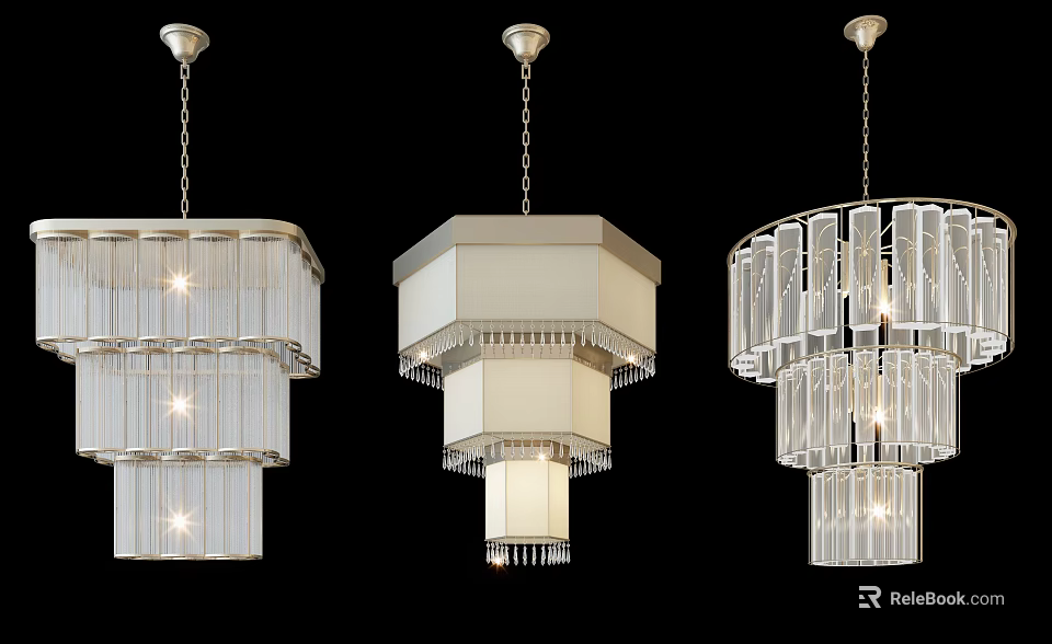 Elegant Multi Tiered Chandeliers With Transparent Glass Elements And Modern Design 3d model 