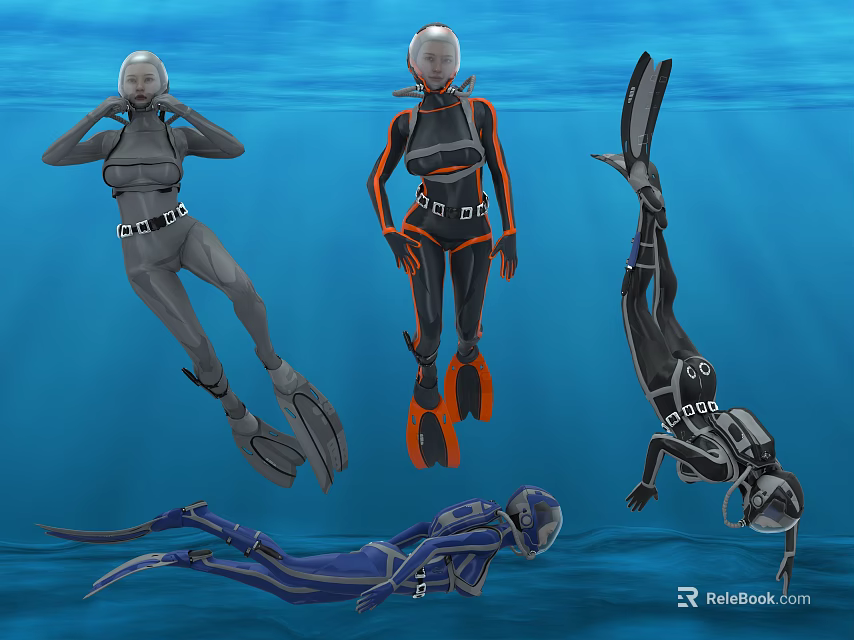 Women Wearing Scuba Diving Suits With Different Colors And Flippers Underwater 3d model 
