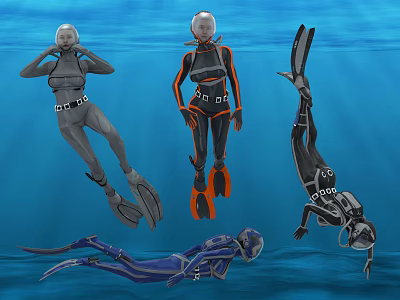 Women Wearing Scuba Diving Suits With Different Colors And Flippers Underwater 3d model