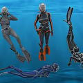 Women Wearing Scuba Diving Suits With Different Colors And Flippers Underwater