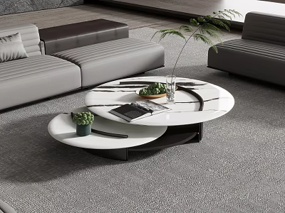 Modern Living Room Sofa and Coffee Table Set with Grey Sectional and Round Marble Top 3d model