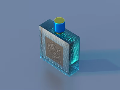 Blue Textured Glass Perfume Bottle With Yellow Top Cap And Front Emblem Design 3d model