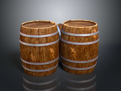Two Wooden Barrels With Metal Hoops On Dark Reflective Background 3d model
